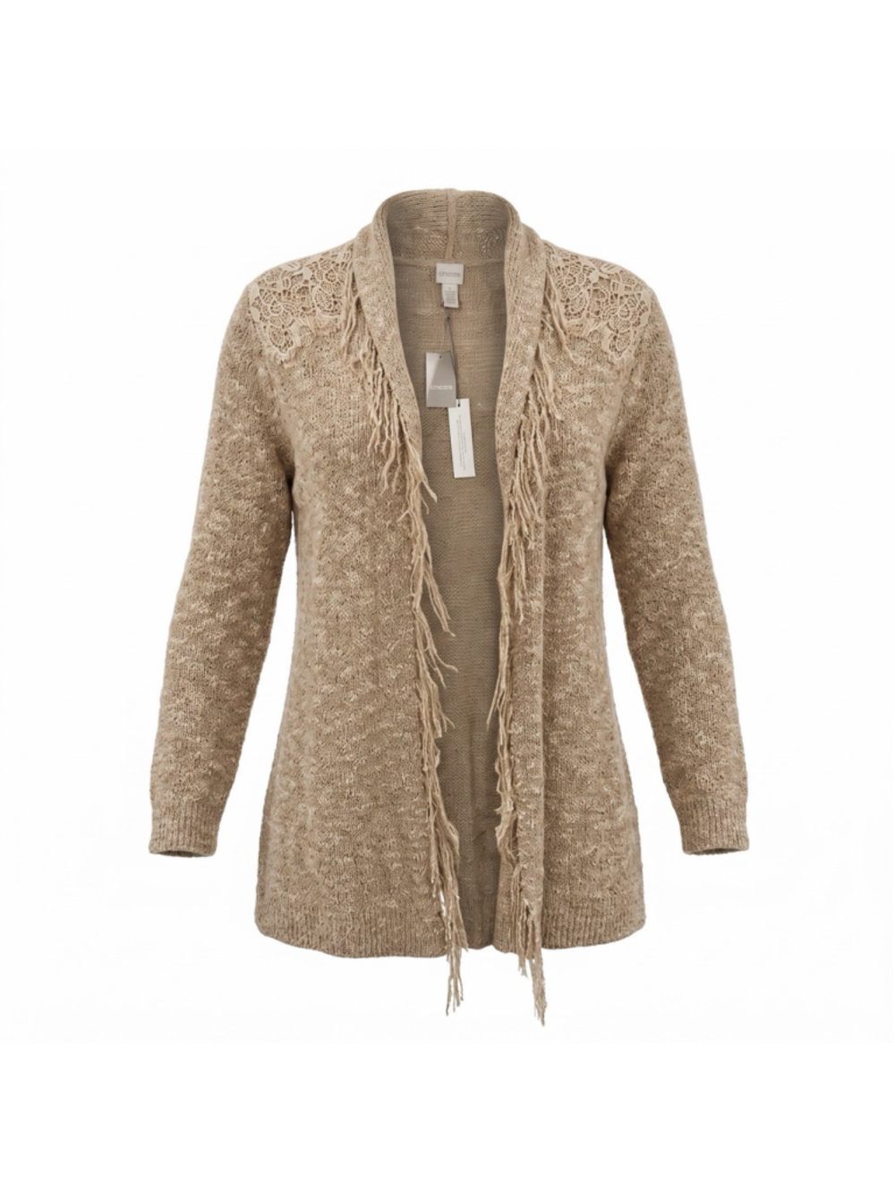 Chicos Cardigan Sweater Tan Marled Knit Fringe Trim Open Front Winter Womens 3